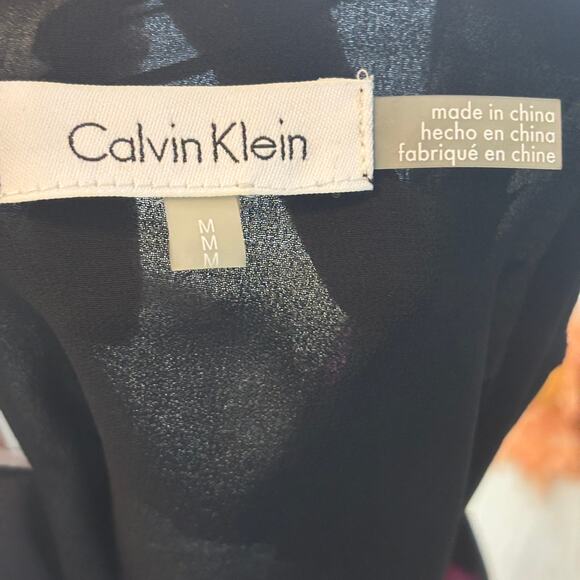 Calvin Klein Feminine Dark Floral Drape Blouse Top Roll Tab Sleeves Sheer Medium - Picture 6 of 7